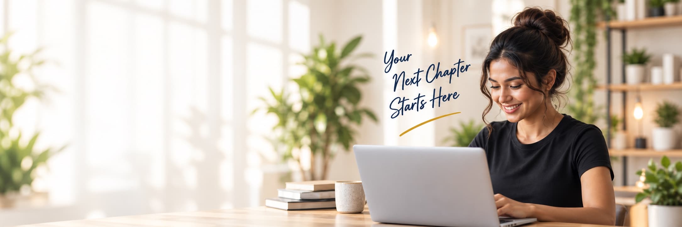 A customer using a laptop beside the message Your Next Chapter Starts Here