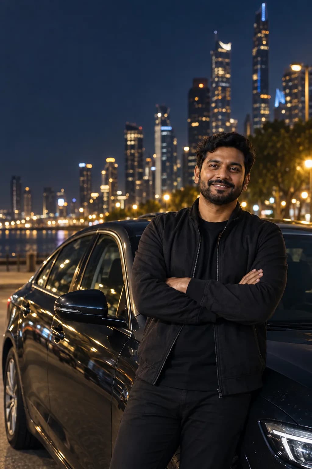 A NexSara Rides driver standing beside his vehicle at night